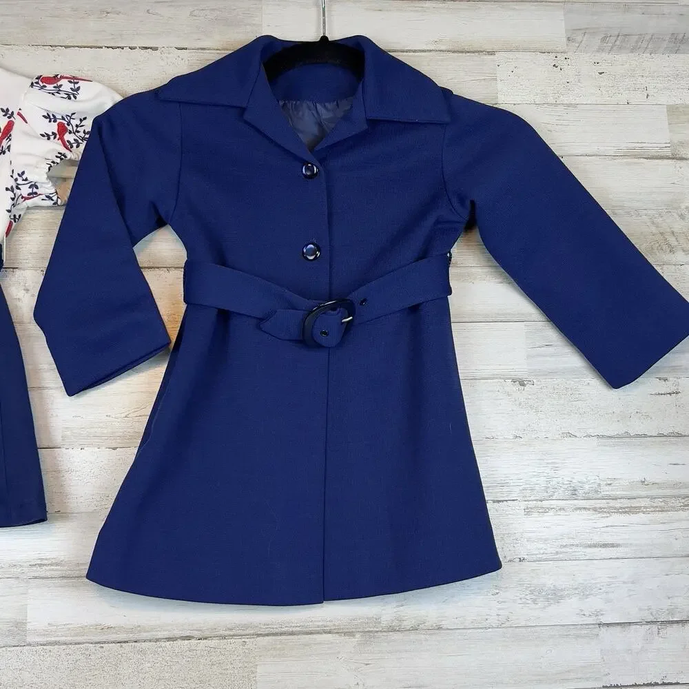 Vintage Handmade Girls Navy Coat & Bird‑Print Dress Set